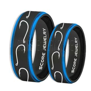 2 Piece Couple Set Fishing Rings, Fish Hook Rings, Black Tungsten Rings, Black Wedding Bands, Hunting Rings, Fish Hooks Wedding Bands, Hunting Wedding Bands