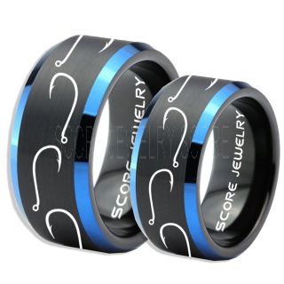 2 Piece Couple Set Fishing Rings, Fish Hook Rings, Black Tungsten Rings, Black Wedding Bands, Hunting Rings, Fish Hooks Wedding Bands, Hunting Wedding Bands