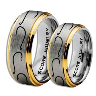 2 Piece Couple Set Fishing Rings, Fish Hook Rings, Silver Tungsten Rings, Silver Wedding Bands, Hunting Rings, Fish Hooks Wedding Bands, Hunting Wedding Bands