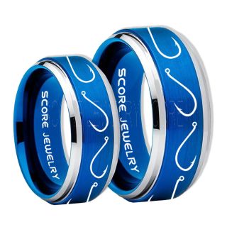2 Piece Couple Set Fishing Rings, Fish Hook Rings, Blue Tungsten Rings, Blue Wedding Bands, Hunting Rings, Fish Hooks Wedding Bands, Hunting Wedding Bands