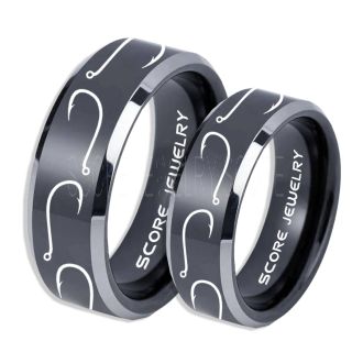 2 Piece Couple Set Fishing Rings, Fish Hook Rings, Black Tungsten Rings, Black Wedding Bands, Hunting Rings, Fish Hooks Wedding Bands, Hunting Wedding Bands