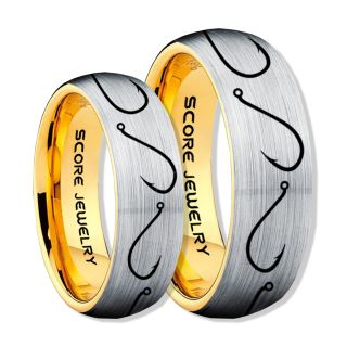 2 Piece Couple Set Fishing Rings, Fish Hook Rings, Silver Tungsten Rings, Silver Wedding Bands, Hunting Rings, Fish Hooks Wedding Bands, Hunting Wedding Bands