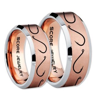 2 Piece Couple Set Fishing Rings, Fish Hook Rings, 14K Rose Gold Tungsten Rings, Rose Gold Wedding Bands, Hunting Rings, Fish Hooks Wedding Bands, Hunting Wedding Bands