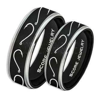 2 Piece Couple Set Fishing Rings, Fish Hook Rings, Black Tungsten Rings, Black Wedding Bands, Hunting Rings, Fish Hooks Wedding Bands, Hunting Wedding Bands