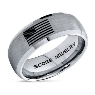 American Flag Ring, American Flag Wedding Band, 8mm Silver Tungsten Ring, Silver Wedding Band, Silver Tungsten Band, Military Ring