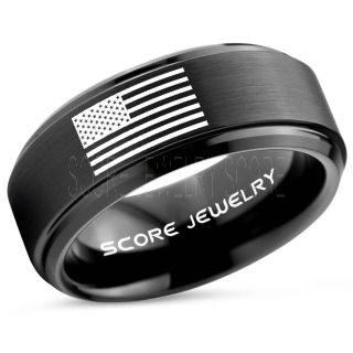 American Flag Ring, American Flag Wedding Band, 8mm Black Tungsten Ring, Black Wedding Band, Black Tungsten Band, Military Ring