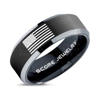 American Flag Ring, American Flag Wedding Band, 8mm Black Tungsten Ring, Black Wedding Band, Black Tungsten Band, Military Ring
