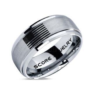 American Flag Ring, American Flag Wedding Band, 8mm Silver Tungsten Ring, Silver Wedding Band, Silver Tungsten Band, Military Ring