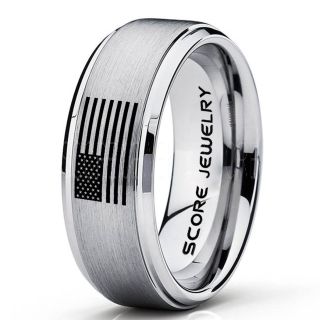 American Flag Ring, American Flag Wedding Band, 8mm Silver Tungsten Ring, Silver Wedding Band, Silver Tungsten Band, Military Ring