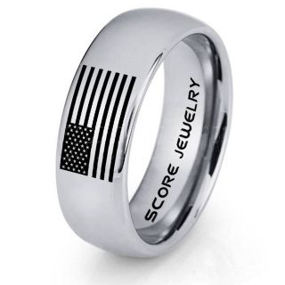 American Flag Ring, American Flag Wedding Band, 8mm Silver Tungsten Ring, Silver Wedding Band, Silver Tungsten Band, Military Ring