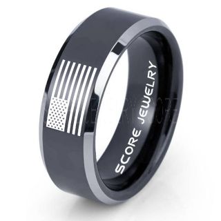 American Flag Ring, American Flag Wedding Band, 8mm Black Tungsten Ring, Black Wedding Band, Black Tungsten Band, Military Ring