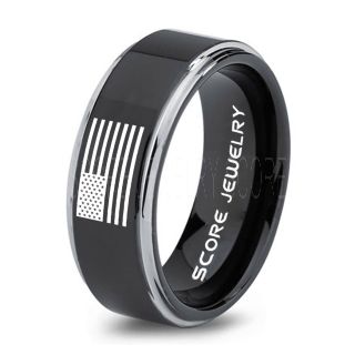 American Flag Ring, American Flag Wedding Band, 8mm Black Tungsten Ring, Black Wedding Band, Black Tungsten Band, Military Ring