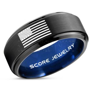 American Flag Ring, American Flag Wedding Band, 8mm Black Tungsten Ring, Black Wedding Band, Black Tungsten Band, Military Ring