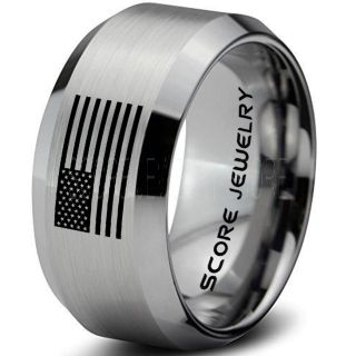 American Flag Ring, American Flag Wedding Band, 10mm Silver Tungsten Ring, Silver Wedding Band, Silver Tungsten Band, Military Ring