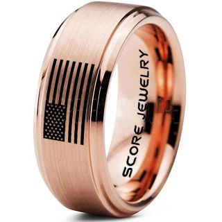 American Flag Ring, American Flag Wedding Band, 8mm 14K Rose Gold Tungsten Ring, Rose Gold Wedding Band, Rose Gold Tungsten Band, Military Ring