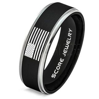 American Flag Ring, American Flag Wedding Band, 6mm Black Tungsten Ring, Black Wedding Band, Black Tungsten Band, Military Ring