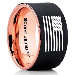 American Flag Ring, American Flag Wedding Band, 10mm Black Tungsten Ring, Black Wedding Band, Black Tungsten Band, Military Ring