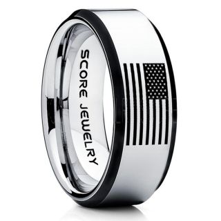 American Flag Ring, American Flag Wedding Band, 8mm Silver Tungsten Ring, Silver Wedding Band, Silver Tungsten Band, Military Ring