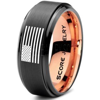 American Flag Ring, American Flag Wedding Band, 8mm Black Tungsten Ring, Black Wedding Band, Black Tungsten Band, Military Ring