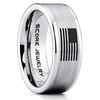 American Flag Ring, American Flag Wedding Band, 8mm Silver Tungsten Ring, Silver Wedding Band, Silver Tungsten Band, Military Ring