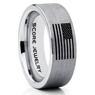 American Flag Ring, American Flag Wedding Band, 8mm Silver Tungsten Ring, Silver Wedding Band, Silver Tungsten Band, Military Ring