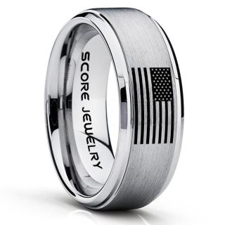 American Flag Ring, American Flag Wedding Band, 8mm Silver Tungsten Ring, Silver Wedding Band, Silver Tungsten Band, Military Ring