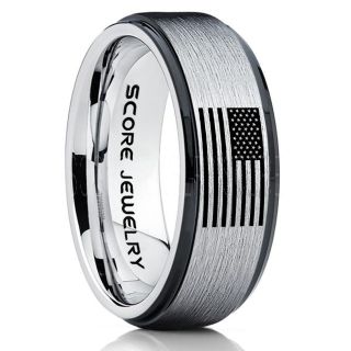 American Flag Ring, American Flag Wedding Band, 8mm Silver Tungsten Ring, Silver Wedding Band, Silver Tungsten Band, Military Ring