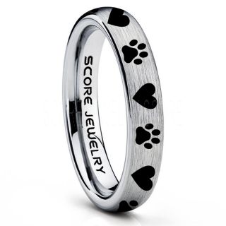 Puppy Paws Ring, Puppy Paws Wedding Band, 4mm Silver Tungsten Ring, Silver Wedding Band, Silver Tungsten Band, Puppy Paws Ring