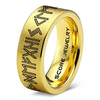 Norse Rune Ring, Norse Ring, Viking Ring, Elder Futhark Ring, 14K Yellow Gold Norse Rune Ring, Yellow Gold Tungsten Ring, Yellow Gold Wedding Ring, Tungsten Wedding Band