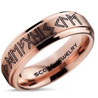 Norse Rune Ring, Norse Ring, Viking Ring, Elder Futhark Ring, 14K Rose Gold Norse Rune Ring, 14K Rose Gold Tungsten Ring, 14K Rose Gold Wedding Ring, Tungsten Wedding Band