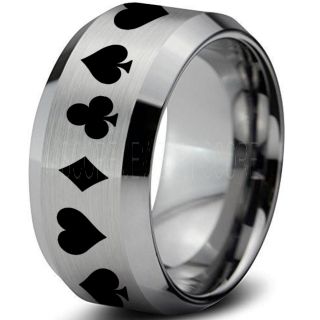 Poker Ring, Blackjack Ring, Casino Ring, Joker Ring, Joker Card Suit Ring, Poker Wedding Ring, Silver Poker Ring, Card Suit Wedding Band, 10mm Silver Tungsten Ring