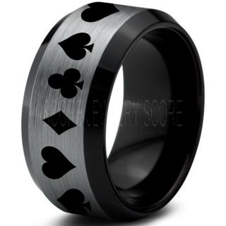 Poker Ring, Blackjack Ring, Casino Ring, Joker Ring, Joker Card Suit Ring, Poker Wedding Ring, Silver Poker Ring, Card Suit Wedding Band, 10mm Silver Tungsten Ring