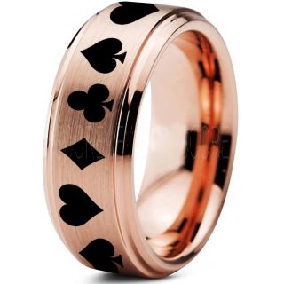 Poker Ring, Blackjack Ring, Casino Ring, Joker Ring, Joker Card Suit Ring, Poker Wedding Ring, Rose Gold Poker Ring, Card Suit Wedding Band, 8mm 14K Rose Gold Tungsten Ring