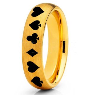 Poker Ring, Blackjack Ring, Casino Ring, Joker Ring, Joker Card Suit Ring, Poker Wedding Ring, 14K Yellow Gold Poker Ring, Card Suit Wedding Band, 6mm Yellow Gold Tungsten Ring