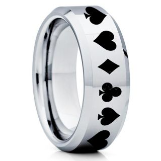 Poker Ring, Blackjack Ring, Casino Ring, Joker Ring, Joker Card Suit Ring, Poker Wedding Ring, Silver Poker Ring, Card Suit Wedding Band, 8mm Silver Tungsten Ring