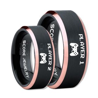 Player 1 Player 2 Rings, Gamer Rings, Black Tungsten Rings, Black Wedding Bands, Couple Ring Set Gamer Rings, Black Tungsten Bands