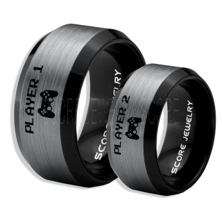 Player 1 Player 2 Rings, Gamer Rings, Silver Tungsten Rings, Silver Wedding Bands, Couple Ring Set Gamer Rings, Silver Tungsten Bands