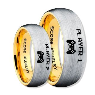 Player 1 Player 2 Rings, Gamer Rings, Silver Tungsten Rings, Silver Wedding Bands, Couple Ring Set Gamer Rings, Silver Tungsten Bands