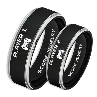 Player 1 Player 2 Rings, Gamer Rings, Black Tungsten Rings, Black Wedding Bands, Couple Ring Set Gamer Rings, Black Tungsten Bands