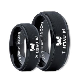 Player 1 Player 2 Rings, Gamer Rings, Black Tungsten Rings, Black Wedding Bands, Couple Ring Set Gamer Rings, Black Tungsten Bands