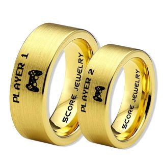 Player 1 Player 2 Rings, Gamer Rings, 14K Yellow Gold Tungsten Rings, Yellow Gold Wedding Bands, Couple Ring Set Gamer Rings, Yellow Gold Tungsten Bands