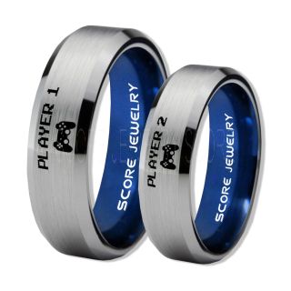  Player 1 Player 2 Rings, Gamer Rings, Silver Tungsten Rings, Silver Wedding Bands, Couple Ring Set Gamer Rings, Silver Tungsten Bands