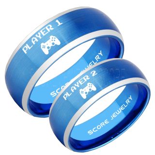 Player 1 Player 2 Rings, Gamer Rings, Blue Tungsten Rings, Blue Wedding Bands, Couple Ring Set Gamer Rings, Blue Tungsten Bands