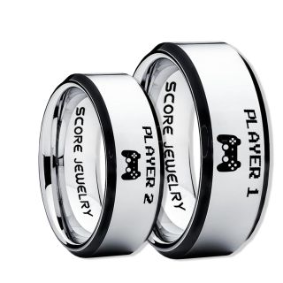  Player 1 Player 2 Rings, Gamer Rings, Silver Tungsten Rings, Silver Wedding Bands, Couple Ring Set Gamer Rings, Silver Tungsten Bands