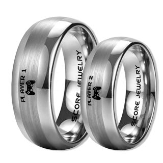 Player 1 Player 2 Rings, Gamer Rings, Silver Tungsten Rings, Silver Wedding Bands, Couple Ring Set Gamer Rings, Silver Tungsten Bands