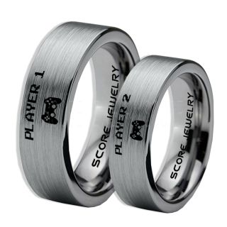 Player 1 Player 2 Rings, Gamer Rings, Silver Tungsten Rings, Silver Wedding Bands, Couple Ring Set Gamer Rings, Silver Tungsten Bands