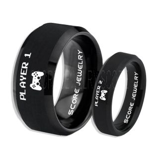 Player 1 Player 2 Rings, Gamer Rings, Black Tungsten Rings, Black Wedding Bands, Couple Ring Set Gamer Rings, Black Tungsten Bands