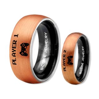 Player 1 Player 2 Rings, Gamer Rings, 14K Rose Gold and Black Tungsten Rings, Black Wedding Bands, Couple Ring Set Gamer Rings, Black Tungsten Bands