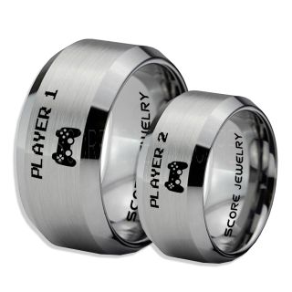 Player 1 Player 2 Rings, Gamer Rings, Silver Tungsten Rings, Silver Wedding Bands, Couple Ring Set Gamer Rings, Silver Tungsten Bands
