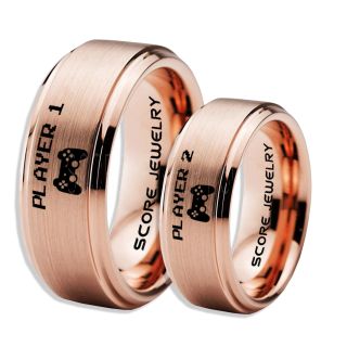 Player 1 Player 2 Rings, Gamer Rings, 14K Rose Gold Tungsten Rings, Rose Gold Wedding Bands, Couple Ring Set Gamer Rings, Rose Gold Tungsten Bands